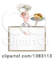 Poster, Art Print Of Cartoon Caucasian Male Chef With A Curling Mustache Holding A Kebab Sandwich On A Tray And Pointing Down At A Blank Menu Sign