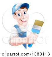 Clipart Of A Happy Middle Aged Brunette Caucasian Male House Painter Holding A Brush Around A Sign Royalty Free Vector Illustration