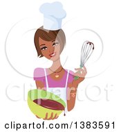Clipart Of A Pretty Black Baker Woman With A Bob Haircut Holding Up A Whisk And A Bowl Of Cake Mix Royalty Free Vector Illustration by Monica #COLLC1383591-0132