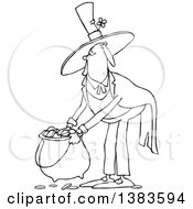 Poster, Art Print Of Cartoon Black And White St Patricks Day Leprechaun Picking Up A Pot Of Gold