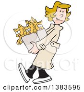 Clipart Of A Cartoon Blond Caucasian Woman Carrying A Box Of Kittens Royalty Free Vector Illustration