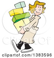 Poster, Art Print Of Cartoon Blond Caucasian Woman Carrying Packages