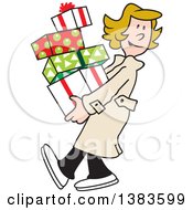 Poster, Art Print Of Cartoon Blond Caucasian Woman Carrying Christmas Gifts