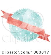 Clipart Of A Retro Red And Blue Styled Badge Seal Label With A Blank Ribbon Banner Royalty Free Vector Illustration by KJ Pargeter