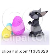 Poster, Art Print Of 3d Cute Gray Bunny Rabbit With Easter Eggs On A White Background