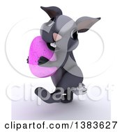 Poster, Art Print Of 3d Cute Gray Bunny Rabbit Carrying An Easter Egg On A White Background