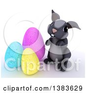 Poster, Art Print Of 3d Cute Gray Bunny Rabbit With Easter Eggs On A White Background