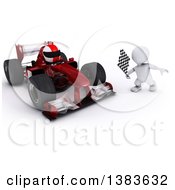 Clipart Of A 3d White Man Holding A Racing Flag By A Forumula One Race Car On A White Background Royalty Free Illustration by KJ Pargeter