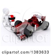 Poster, Art Print Of 3d White Man Driver Holding A Helmet By A Forumula One Race Car On A White Background