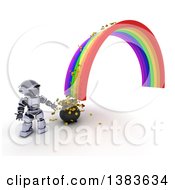Poster, Art Print Of 3d Silver Robot At The End Of A Rainbow And Pot Of Gold With Coins Spilling Out On A White Background