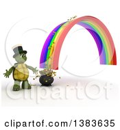 Poster, Art Print Of 3d Tortoise At The End Of A Rainbow And Pot Of Gold With Coins Spilling Out On A White Background