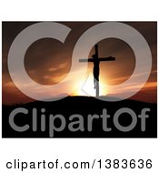 Clipart Of A Scene Of Silhouetted Jesus Christ On The Cross Against A 3d Landscape And Sunset Royalty Free Illustration by KJ Pargeter