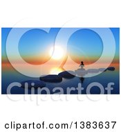 Poster, Art Print Of 3d Silhouetted Woman In A Yoga Pose Sitting On Stones On Still Water Against A Sunset