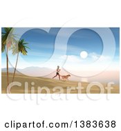 Poster, Art Print Of 3d Silhouetted Fit Woman Jogging With Her Dog At Sunrise On A Beach