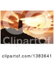 Poster, Art Print Of 3d Lighthouse On A Bluff Shining A Beam Out Against A Sunset Sky