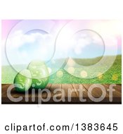 Poster, Art Print Of 3d Wood Table With Green Floral Easter Eggs Against A Hilly Spring Landscape And Sun Flares