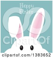 Clipart Of A White Bunny Rabbit Face Peeking Under Happy Easter Text Royalty Free Vector Illustration