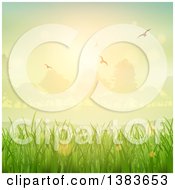 Poster, Art Print Of Background Of Green Grasses Sunrise Trees And Flying Birds