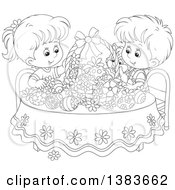 Poster, Art Print Of Black And White Lineart Children And A Cat Admiring Easter Eggs And A Basket At A Table