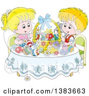 Blond White Children And A Cat Admiring Easter Eggs And A Basket At A Table
