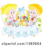 Poster, Art Print Of Blond Caucasian Children And A Cat Admiring Easter Eggs And A Basket At A Table