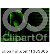Clipart Of A Green Hooded Computer Hacker Emerging Behind Coding And Script Royalty Free Vector Illustration