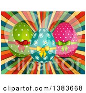 Poster, Art Print Of Decorated Easter Eggs With Bows Over Colorful Grungy Rays