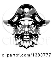 Poster, Art Print Of Black And White Pirate Mascot Face With An Eye Patch And Captain Hat