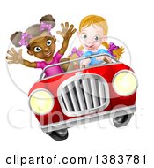 Poster, Art Print Of Happy Blond White Girl Driving A Red Convertible Car With A Black Girl In The Passenger Seat