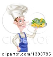 Clipart Of A White Male Chef With A Curling Mustache Holding A Fish And Chips On A Tray Royalty Free Vector Illustration