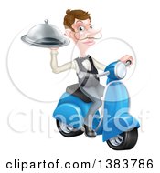 White Male Waiter With A Curling Mustache Holding A Platter On A Delivery Scooter