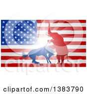 Clipart Of A Silhouetted Political Aggressive Democratic Donkey Or Horse And Republican Elephant Fighting Over An American Flag And Burst Royalty Free Vector Illustration