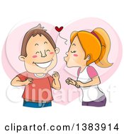 Cartoon Brunette White Man Gushing While Being Kissed By A Red Haired Woman On His Cheek Over A Heart