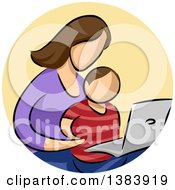 Poster, Art Print Of Sketched Faceless Brunette White Mother And Son Using A Laptop Computer In A Circle