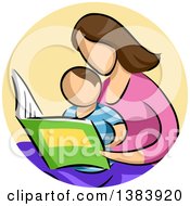 Poster, Art Print Of Sketched Faceless Brunette White Mother And Son Reading A Book In A Circle