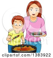 Happy Brunette White Mother And Son Making Kebabs On A Barbeque Grill