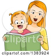 Poster, Art Print Of Happy Strawberry Blond White Mother And Daughter Reading A Book Together