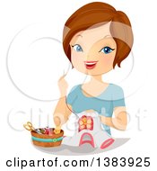 Poster, Art Print Of Happy Brunette White Woman Sewing A Patch On A Shirt
