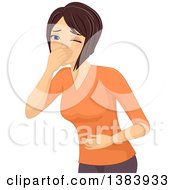 Clipart Of A Sick Brunette White Woman Covering Her Mouth And Holding Her Belly About To Throw Up Royalty Free Vector Illustration by BNP Design Studio
