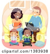 Happy Interracial Family Using Their Smart Phones Laptops And Tablets In A Living Room