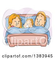 Cartoon Frustrated Red Haired Couple With Their Son Between Them In Bed