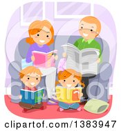 Happy Red Haired White Family Reading Books In A Living Room