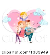 Poster, Art Print Of Happy Caucasian Father Serenading His Son And His Wife In Front Of A Heart With Clouds