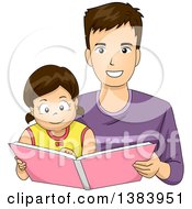 Poster, Art Print Of Happy Brunette White Father And Daughter Reading A Book