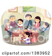 Poster, Art Print Of Happy Caucasian Family And Their Dog Gathered Around A Table