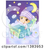 Boy Sitting Up In A Bed On Clouds And Pointing Out Sheep And Stars