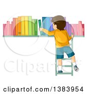 Rear View Of A Brunette White Boy On A Ladder Putting Books On A Shelf