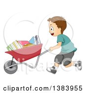 Poster, Art Print Of Brunette White Boy Pushing A Wheelbarrow Full Of Books