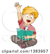 Poster, Art Print Of Blond White Boy Sitting Reading And Raising His Hand