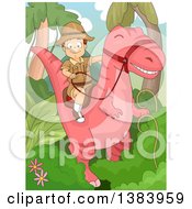 Poster, Art Print Of Happy White Boy Riding A Pink Dinosaur In A Jungle